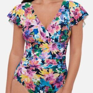 NWT! Swim Solutions Multi Color Floral Flutter Slimming One Piece Swimsuit NEW!